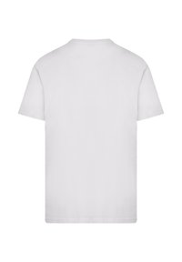 White cotton t-shirt, short sleeves, crew neck, relaxed fit, smooth texture, no patterns or graphics visible. Back view only.