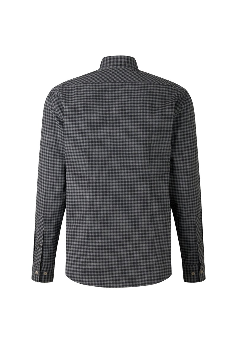 Langarmhemd im grau-schwarz karierten Muster, mit Button-Down-Kragen und geknöpften Manschetten. Aus Baumwollmaterial mit glatter Textur.