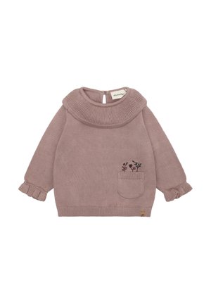 Langärmliger Baby-Pullover in Mauve mit gerafften Ärmeln und Kragen, kleiner Fronttasche und Blumenstickerei über der Tasche.