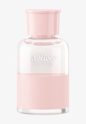Flacon de parfum en verre transparent avec un liquide rose et un bouchon rose, étiqueté "s.Oliver SO PURE" en texte blanc sur la moitié supérieure.