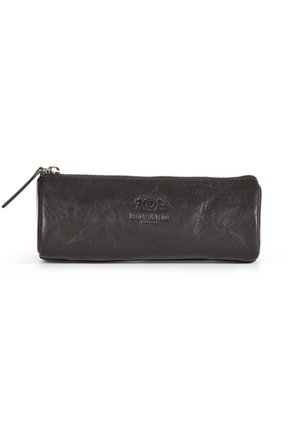 Black leather pencil case with a zip closure, featuring a simple rectangular shape and a subtle embossed logo on the front.