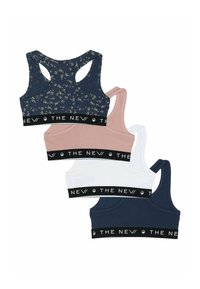 Vier Sport-BHs: navy-blumig, pink, weiß und navy-unifarben. Jeder hat ein schwarzes elastisches Band mit "THE NEW" in Weiß bedruckt. Racerback-Design.