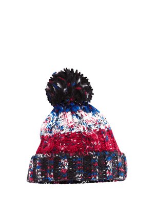 Knitted winter hat with folded cuff and pom-pom, featuring red, white, blue, and black yarn in a multicolor pattern.