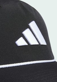Black cap made of smooth fabric featuring a white embroidered logo with three stripes, accented with a white braided band.