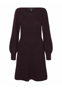 Vinröd stickad klänning med rund halsringning, långa puffärmar och en utfläkt kjol. Mjuk textur, design i medellängd. Inga synliga stängningar.