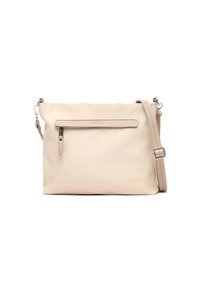 Borsa a tracolla in pelle beige con tasca frontale con zip, tracolla regolabile e dettagli di cucitura bianca. Texture liscia. Forma rettangolare.