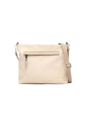 Borsa a tracolla in pelle beige con tasca frontale con zip, tracolla regolabile e dettagli di cucitura bianca. Texture liscia. Forma rettangolare.