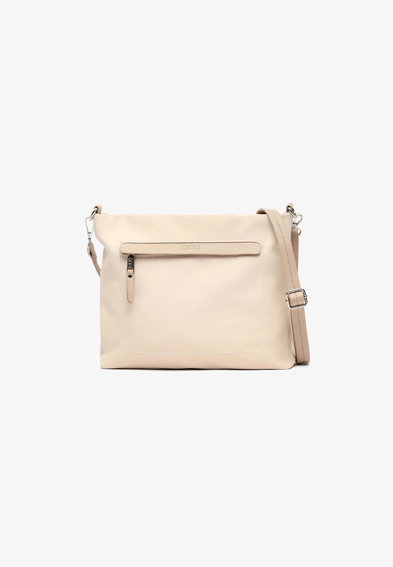 Borsa a tracolla in pelle beige con tasca frontale con zip, tracolla regolabile e dettagli di cucitura bianca. Texture liscia. Forma rettangolare.
