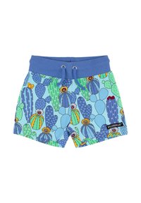 Kurze Schwimmshorts mit einem blauen Bund und einem lebendigen Kaktusmuster in Blau-, Grün-, Gelb- und Orangetönen. Mit Kordelzug.