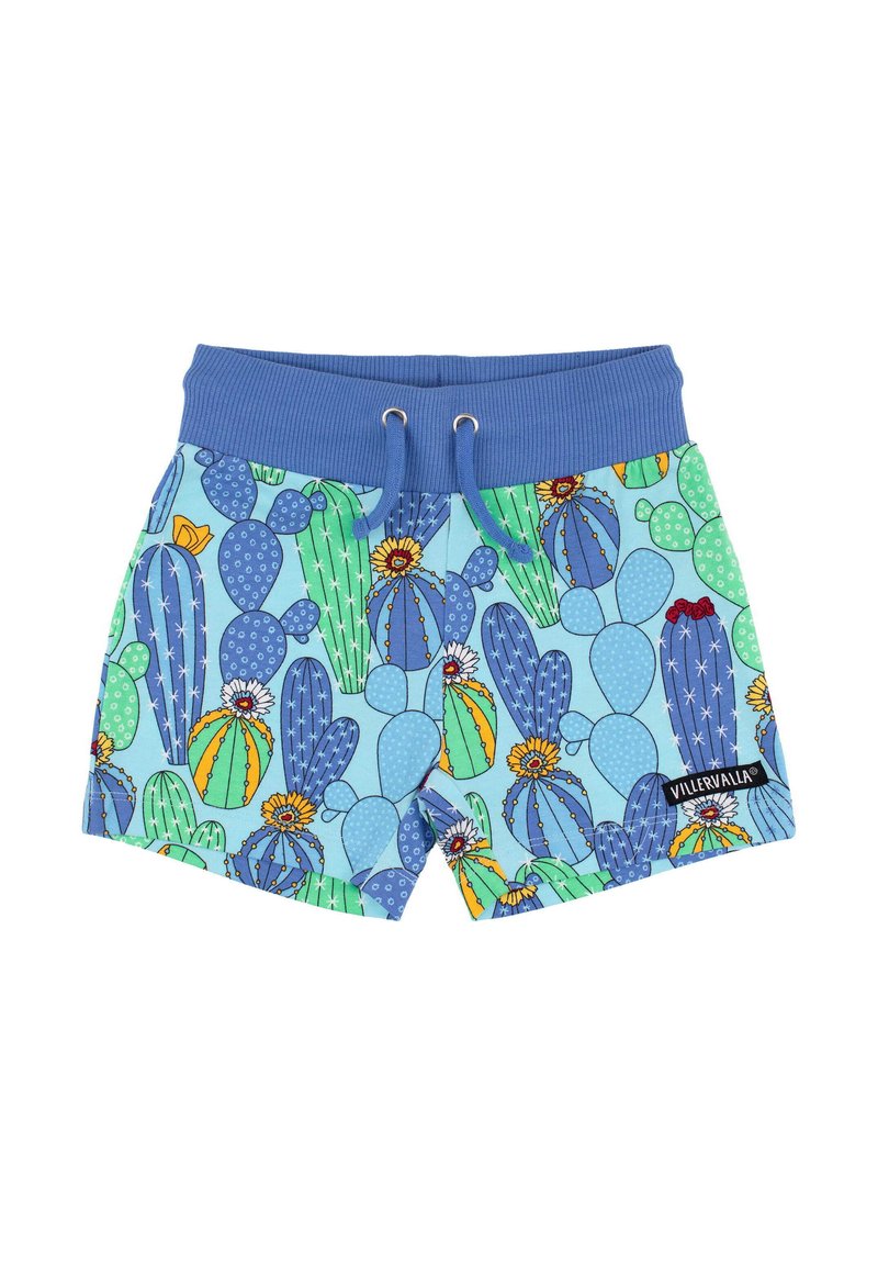 Kurze Schwimmshorts mit einem blauen Bund und einem lebendigen Kaktusmuster in Blau-, Grün-, Gelb- und Orangetönen. Mit Kordelzug.