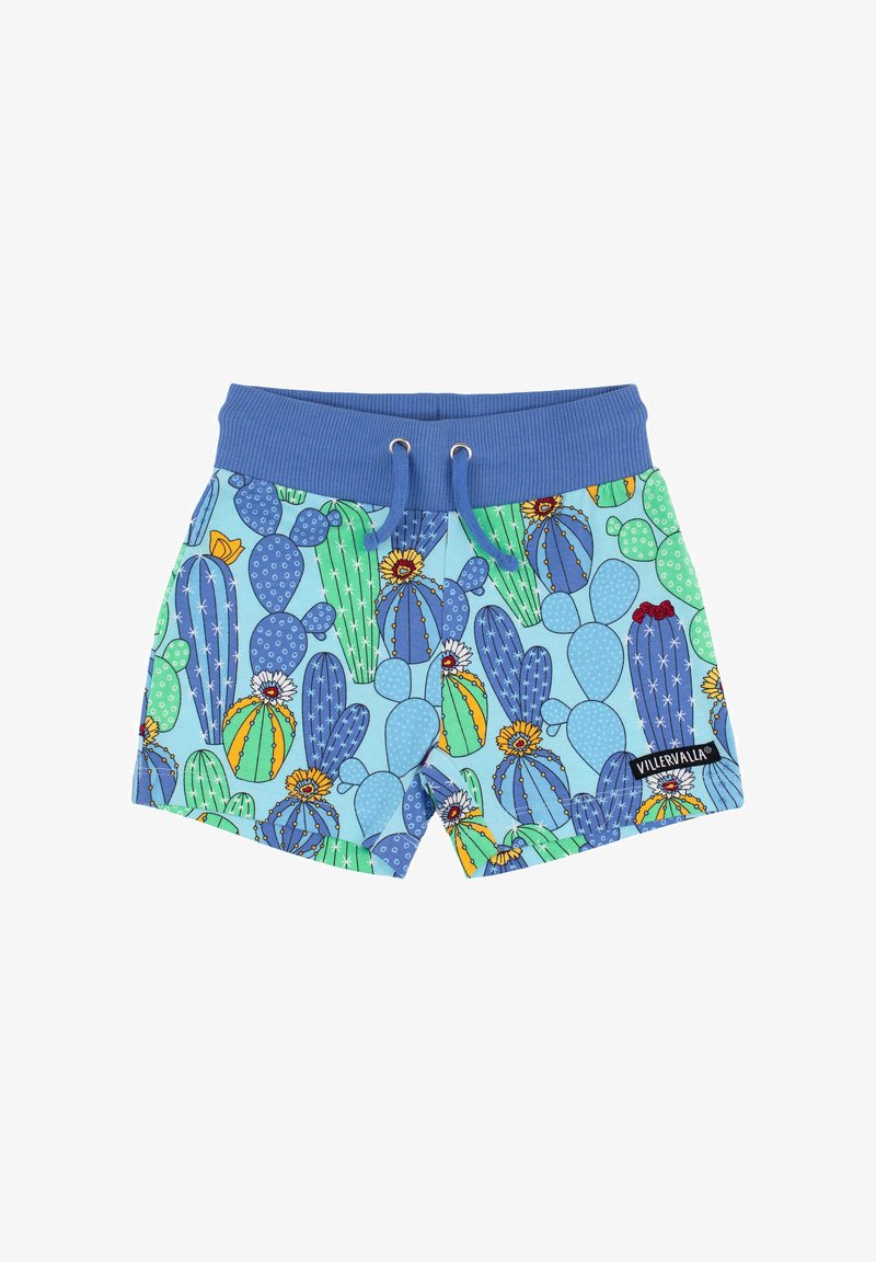 Pantaloni da nuoto corti con un elastico blu in vita e un vivace motivo di cactus in tonalità di blu, verde, giallo e arancione. Include un cordino.