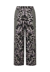 Wijde broek met een bloemenpatroon in zwart, wit en paarstinten met een geruit accent en een elastische tailleband.