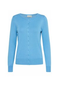 Cardigan bleu clair en tissu doux, avec des manches longues, un col rond et sept boutons sur le devant.