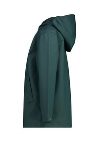 Veste verte résistante à l'eau avec capuche, dotée d'une texture lisse, d'une poche latérale et d'une coupe droite. Design classique pour les activités en plein air.