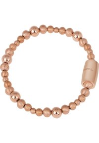 Bracciale elasticizzato in oro rosa con Perline sferiche alternate opache e lucide, dotato di un elegante chiusura in metallo contrassegnata con "BREIL."