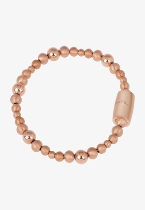 Bracciale elasticizzato in oro rosa con Perline sferiche alternate opache e lucide, dotato di un elegante chiusura in metallo contrassegnata con "BREIL."