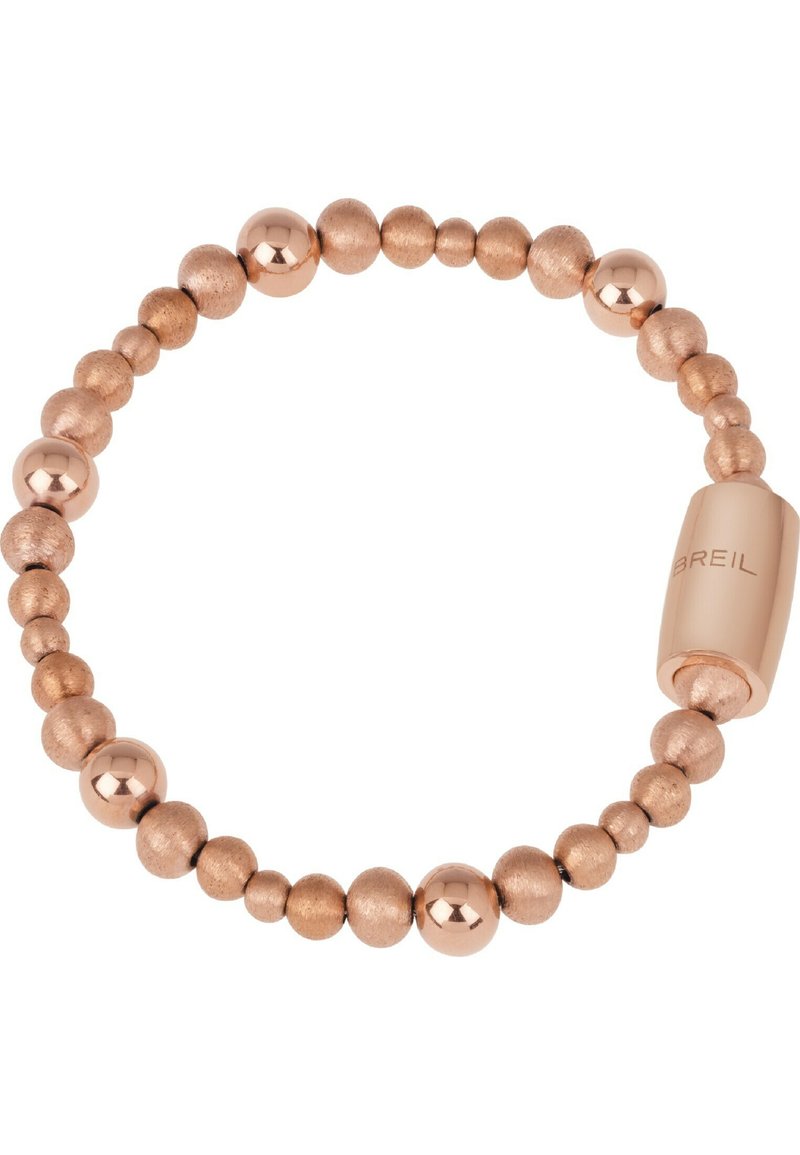 Bracciale elasticizzato in oro rosa con Perline sferiche alternate opache e lucide, dotato di un elegante chiusura in metallo contrassegnata con "BREIL."