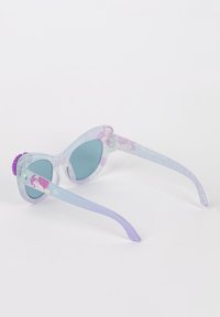 Purple-tinted cat-eye sunglasses with transparent frames. Features glitter accents and character designs on the arms. Blue lenses.