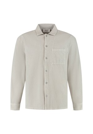 Lichtbeige corduroy shirt met een knoopsluiting aan de voorkant, lange mouwen, kraag, enkele borstzak en getextureerde verticale strepen.