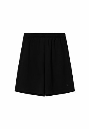 Shorts à taille élastique noire avec poches latérales, coupe droite, fabriqués en tissu léger.