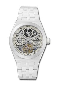 Weiße automatische Uhr mit transparentem mechanischem Zifferblatt, versehen mit silbernen Zahnrädern und Akzenten, einem strukturierten weißen Armband und runder Gehäuseform.