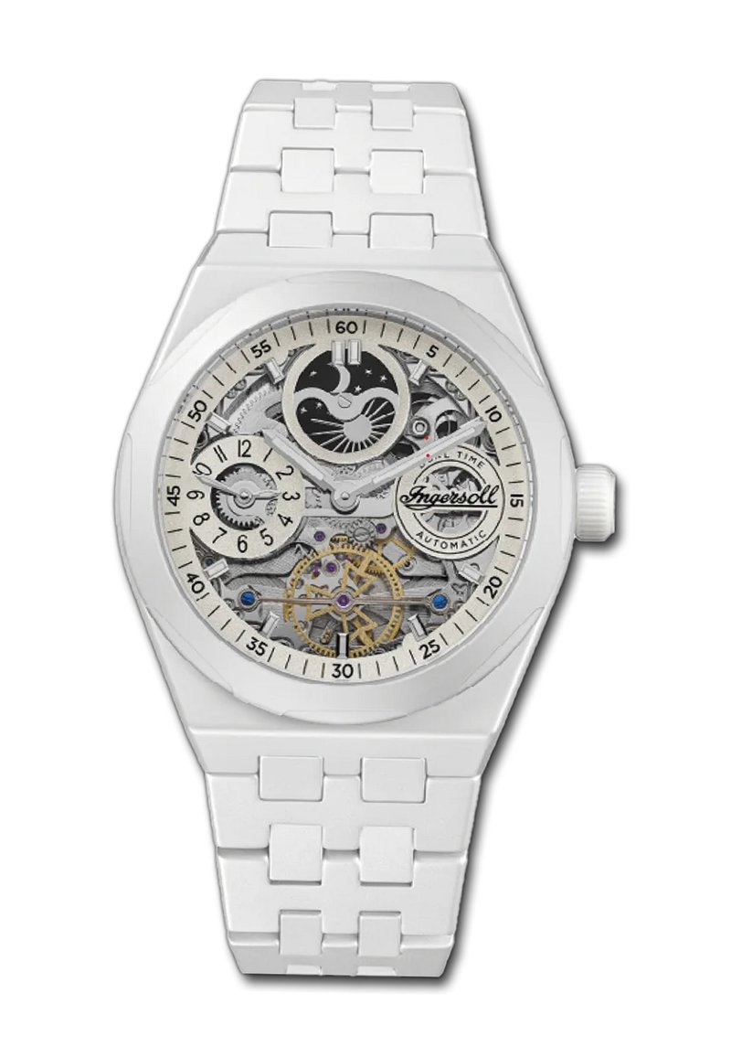 Weiße automatische Uhr mit transparentem mechanischem Zifferblatt, versehen mit silbernen Zahnrädern und Akzenten, einem strukturierten weißen Armband und runder Gehäuseform.