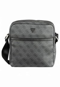 Mala a tiracolo Gray Guess com logótipo preto estampado, bolso frontal com fecho de correr e alça ajustável preta para o ombro.