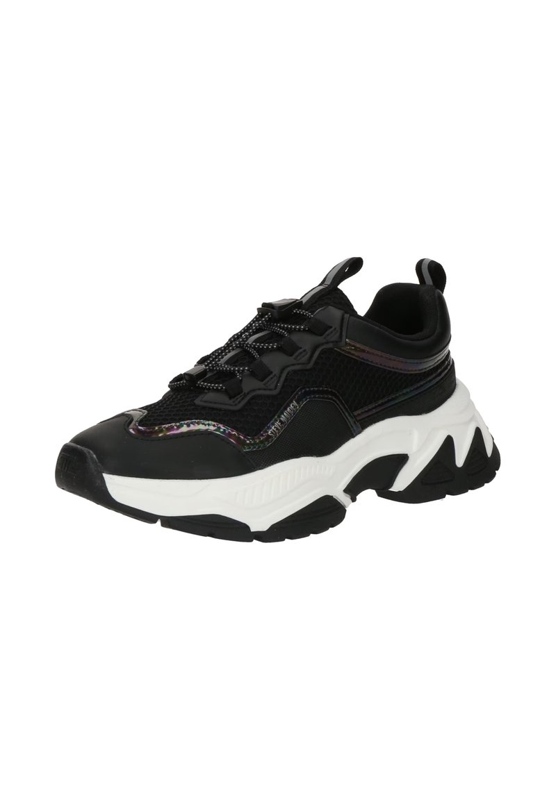 Sneaker neri con tomaia in mesh, suola bianca accentuata, suola in gomma spessa e dettagli riflettenti lungo i lati. Design unico e chunky.