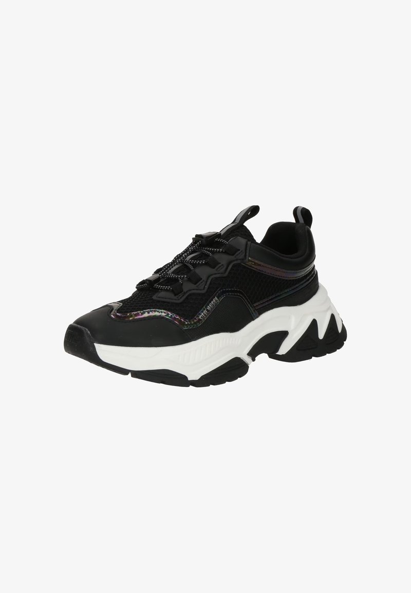 Zapatillas negras con parte superior de malla, suela de acento blanca, suela de goma gruesa y detalles reflectantes a lo largo de los costados. Diseño único y voluminoso.