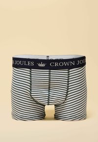 Striped men's boxer briefs with a navy waistband. Material is soft cotton. Stripes are dark green and white, featuring reinforced stitching.