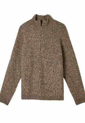 Brauner, gestrickter Pullover mit hohem Kragen und kurzem Reißverschluss. Verfügt über ein strukturiertes Muster und lange Ärmel, hergestellt aus einem warmen Stoff.
