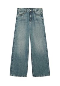 Light blue wide-leg denim jeans with front button, zipper, belt loops, and five pockets, laid flat on a white background.