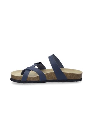 Marineblaue Sandalen mit überkreuzten Riemen, Korkfußbett und strukturiertem schwarzem Gummisohle. Entworfen für Komfort und legere Trageweise.