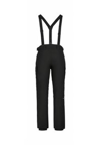 Zwarte skibroek met verstelbare bretels, cargozakken, taps toelopende broekspijpen en elastische boorden voor bescherming tegen het weer en een goede pasvorm.