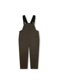 Salopette verte olive avec bretelles noires ajustables. Comprend un devant en bretelle et une poche arrière unique. Fabriquée en coton durable.