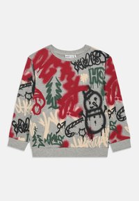 Szara bluza z mieszanymi wzorami graffiti w kolorach czerwonym, zielonym i czarnym, z grafiką bałwana oraz abstrakcyjnymi wzorami. Długie rękawy, okrągły dekolt.
