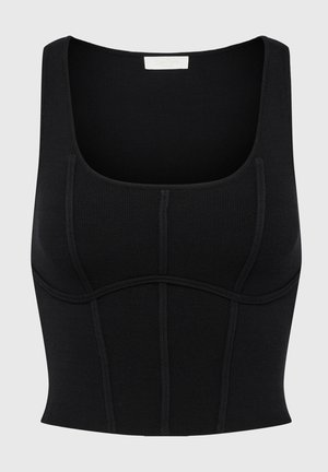 Must mustrendid crop top, millel on ruudukujuline kaelus, struktureeritud õmblused ja sobiv disain. Valmistatud venivast kangast mugavuse tagamiseks.
