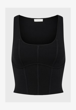 Haut court noir côtelé avec un décolleté carré, des coutures structurées et une coupe ajustée. Fabriqué en tissu extensible pour le confort.