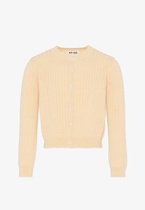 Cardigan côtelé jaune clair avec un col rond, des manches longues et une fermeture boutonnée à l'avant. Texture douce et taille cintrée.