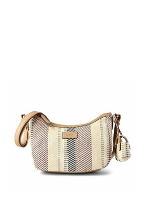 Geflochtene Schultertasche in Beige und Braun mit Streifen, abgesetzt mit hellbraunem Leder, verstellbarem Riemen und kleinem, angebrachtem Beutel.