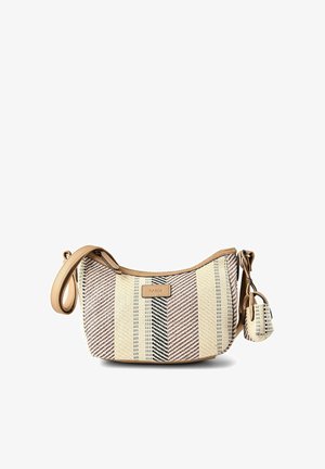 Geflochtene Schultertasche in Beige und Braun mit Streifen, abgesetzt mit hellbraunem Leder, verstellbarem Riemen und kleinem, angebrachtem Beutel.