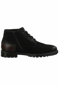 Sorte læder ankelstøvler med en struktureret overflade, der har snørebånd fortil, lynlås i siden og en kontrastfarvet brun hæl.