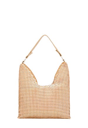 Borsa a perline con apertura a forma di V e superficie texturizzata. Presenta un'unica tracolla e tonalità dorate scintillanti.