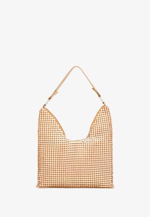 Perlebehandlede håndtaske med en v-formet åbning og en tekstureret overflade. Har en enkelt rem og glitrende gyldne nuancer i hele designet.