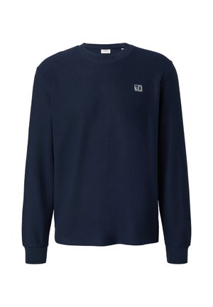 Marineblauwe crewneck sweatshirt van textielstof. Bevat ribgebreide manchetten en een zoom, met een klein logo op de borst.