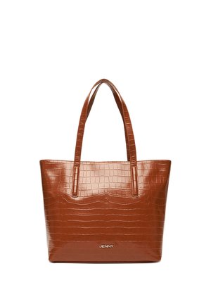 Sac fourre-tout marron avec texture crocodile, deux bandoulières et logo "JENNY" au centre à l'avant.