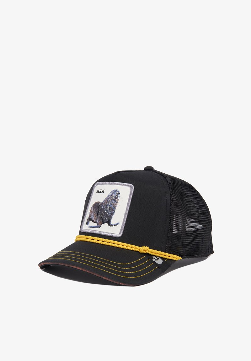 Black cap with mesh panels, yellow rope detail, and a frontal patch featuring a seal illustration with "SLICK" text. Distinctive stitching.