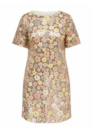 Vestido de manga corta, hasta la rodilla, con estampado de lentejuelas florales en tonos pastel multicolor y escote redondo.