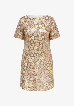 Vestido de manga corta, hasta la rodilla, con estampado de lentejuelas florales en tonos pastel multicolor y escote redondo.