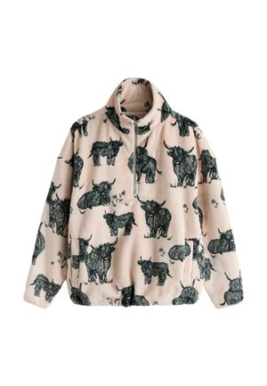 Pulover bej din fleece cu modele negre în stil schiță de bovine Highland, guler cu fermoar pe jumătate, mâneci lungi și buzunare frontale.